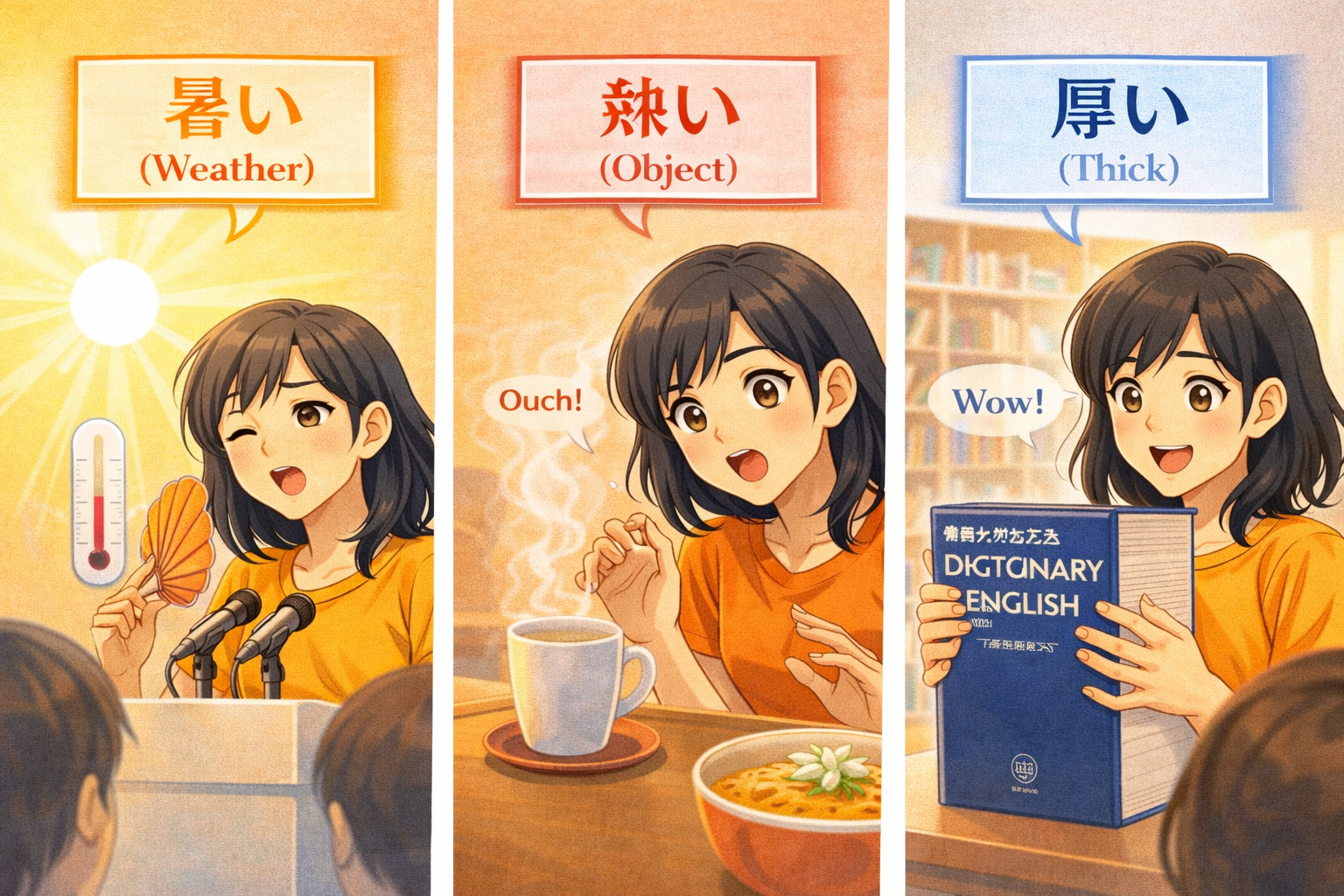 (Alt Text: Joy sweating [暑い], touching hot tea [熱い], holding a thick book [厚い])