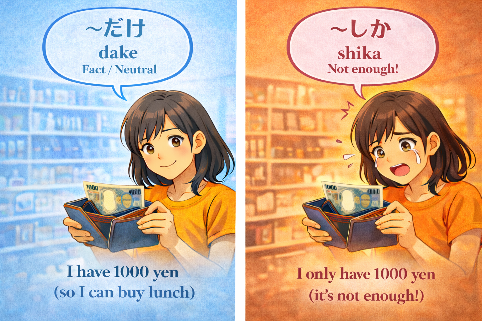 (Alt Text: Joy stating a fact [Dake] vs. Joy complaining about lack [Shika])
