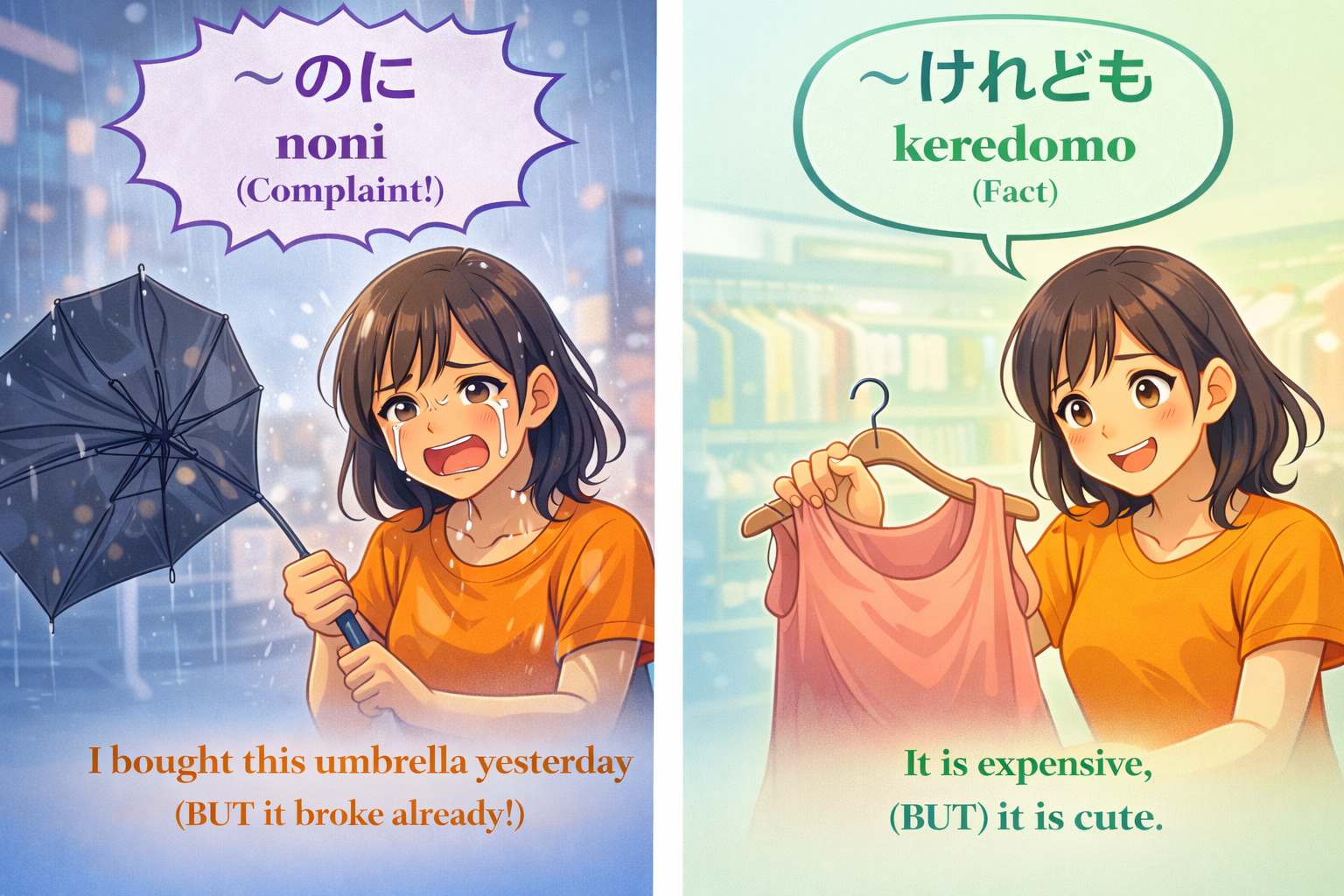 (Alt Text: Joy complaining about rain [Noni] vs. Joy describing a dress calmly [Keredomo])