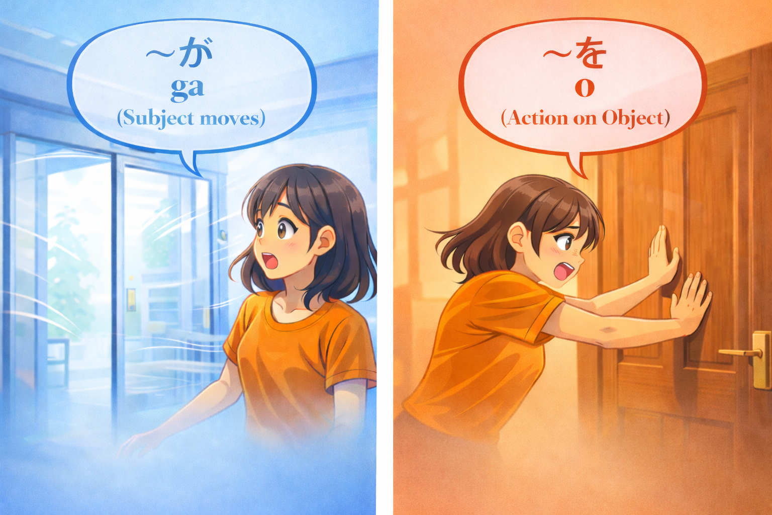 (Alt Text: Door opening by itself [Ga] vs. Joy pushing the door [O])