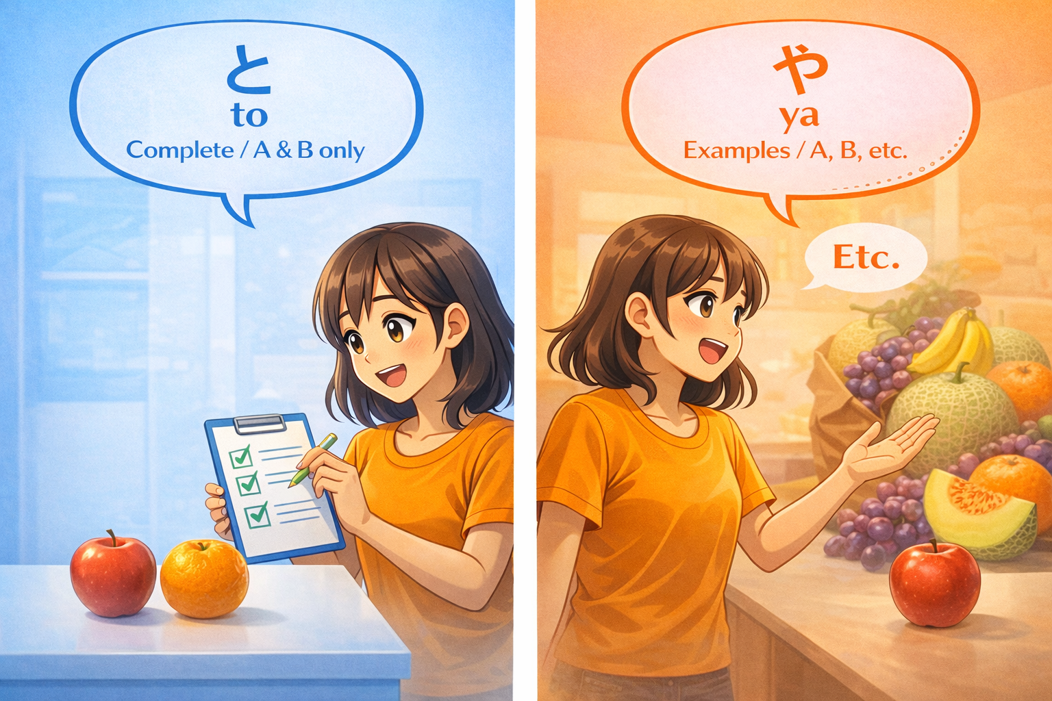 (Alt Text: Joy checking a complete list [To] vs. Joy gesturing 'etc.' [Ya])