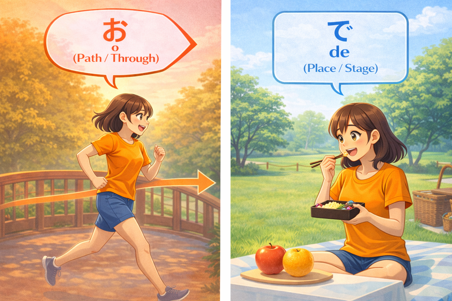 (Alt Text: Joy walking THROUGH the park [O] vs. Joy eating AT the park [De])