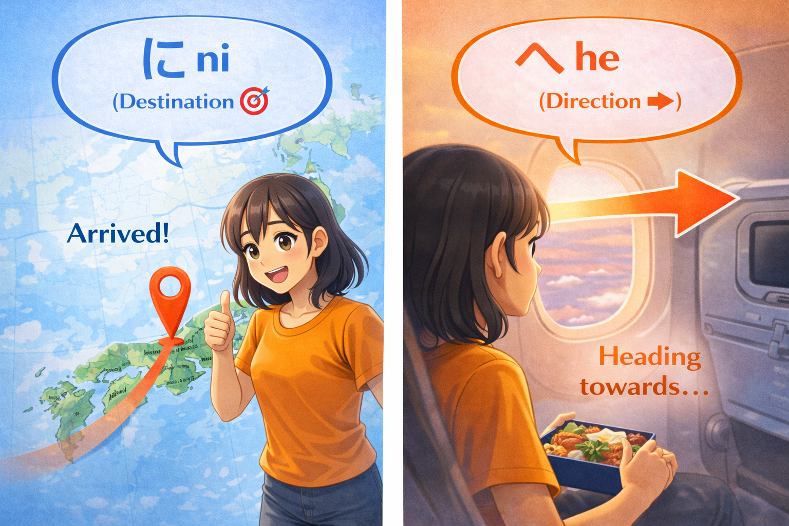 (Alt Text: Joy arriving at a spot [Ni] vs. Joy heading towards a place [He])