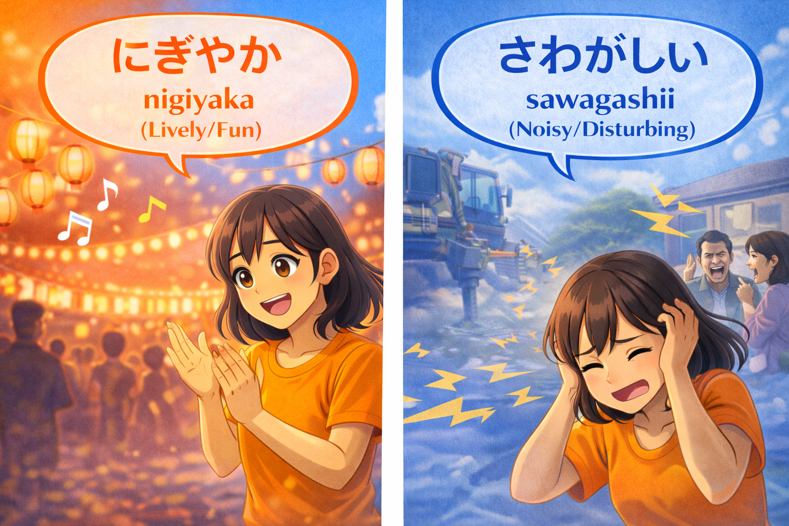 (Alt Text: Joy enjoying a lively festival [Nigiyaka] vs. Joy annoyed by noise [Sawagashii])