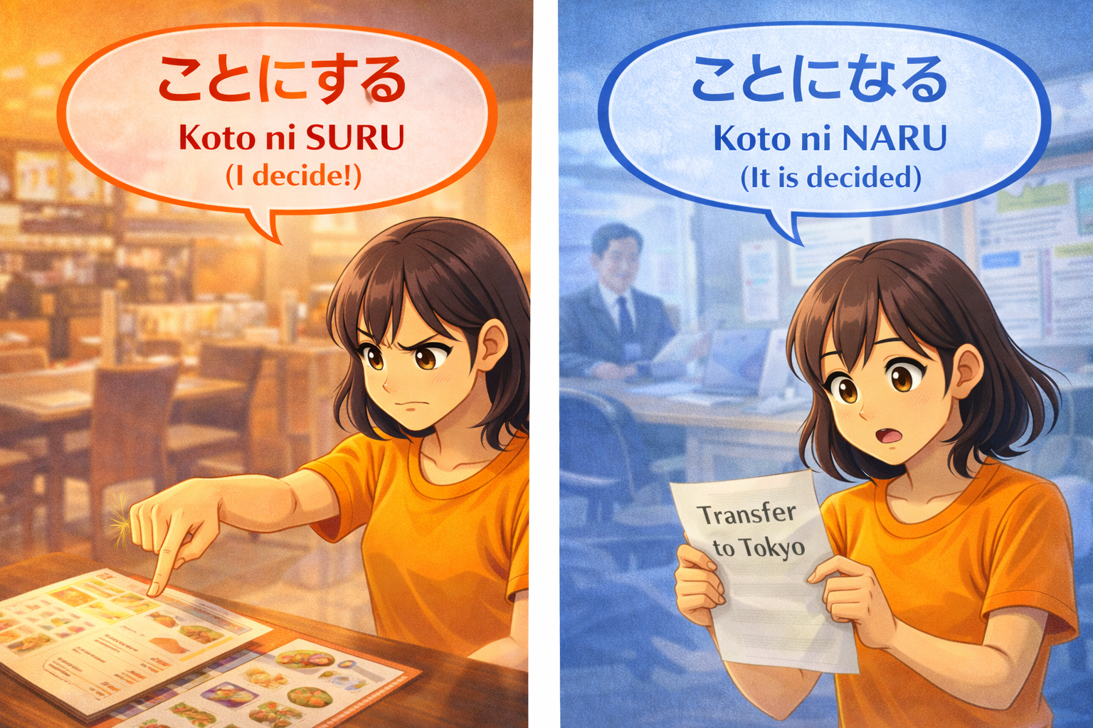 (Alt Text: Joy making a choice [Suru] vs. Joy accepting a rule [Naru])