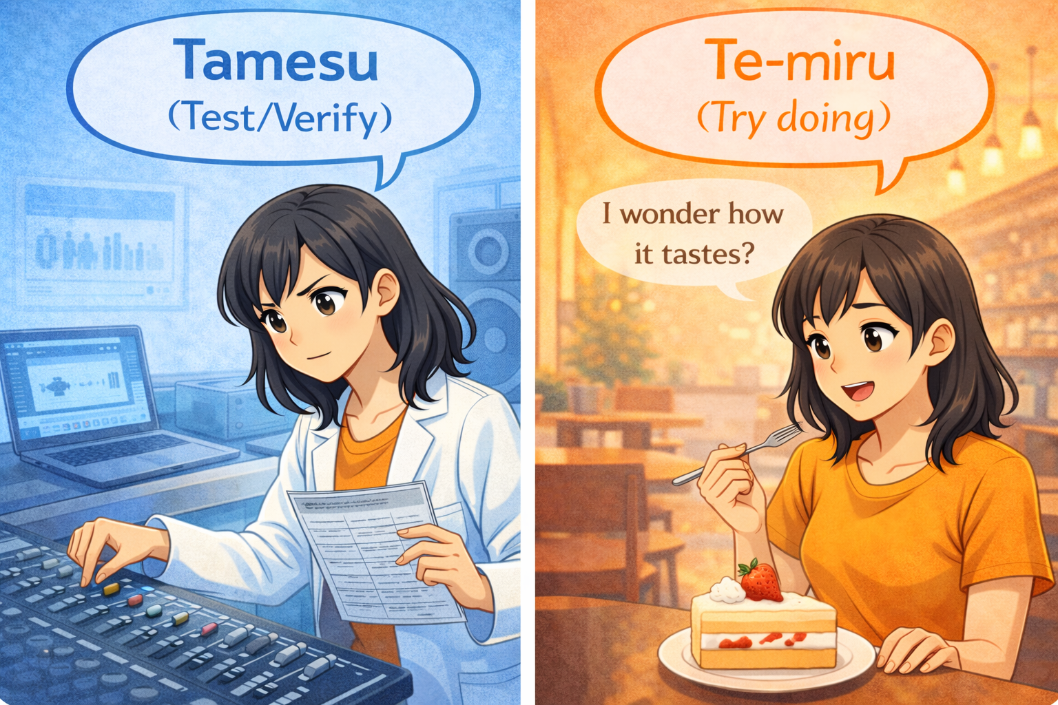 (Alt Text: 機械を試すJoy [試す] vs. ケーキを食べてみるJoy [てみる])