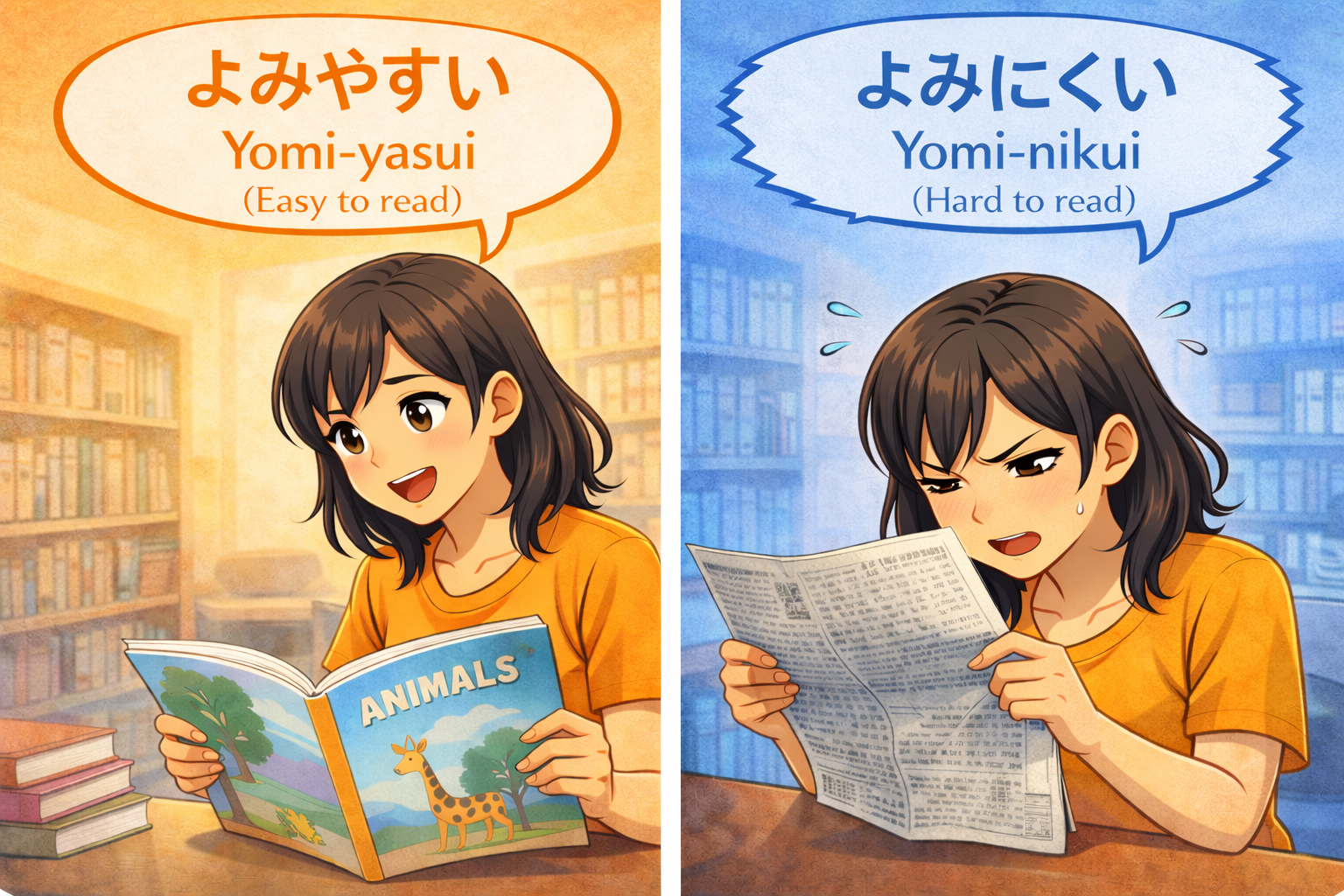 (Alt Text: Joy reading an easy book [Yasui] vs. Joy struggling with a hard book [Nikui])