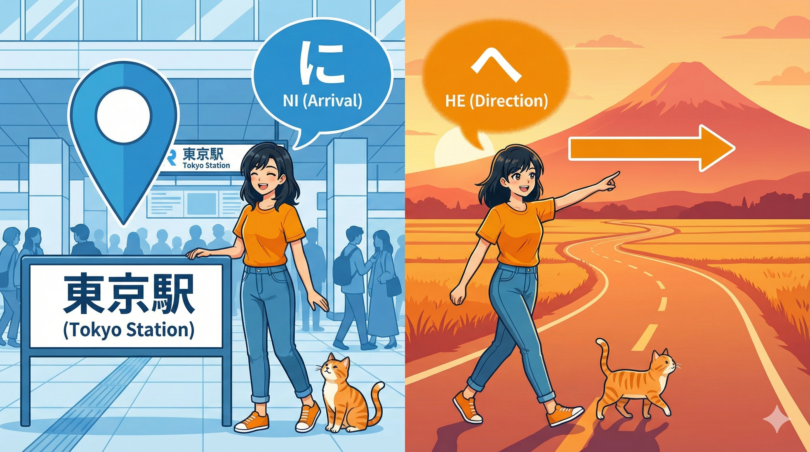 (Alt Text: Joy at Tokyo Station [Ni] vs. Joy heading towards Mt. Fuji [He])