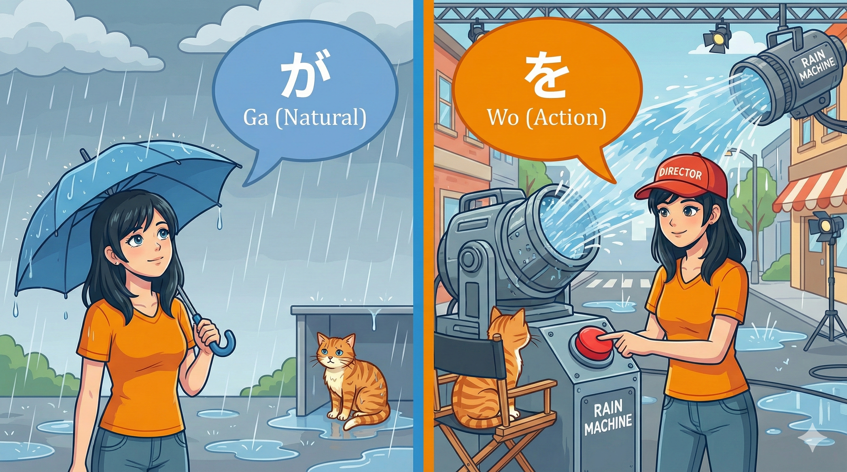 (Alt Text: Natural rain falling [Ga] vs. Making rain fall with a machine [Wo]