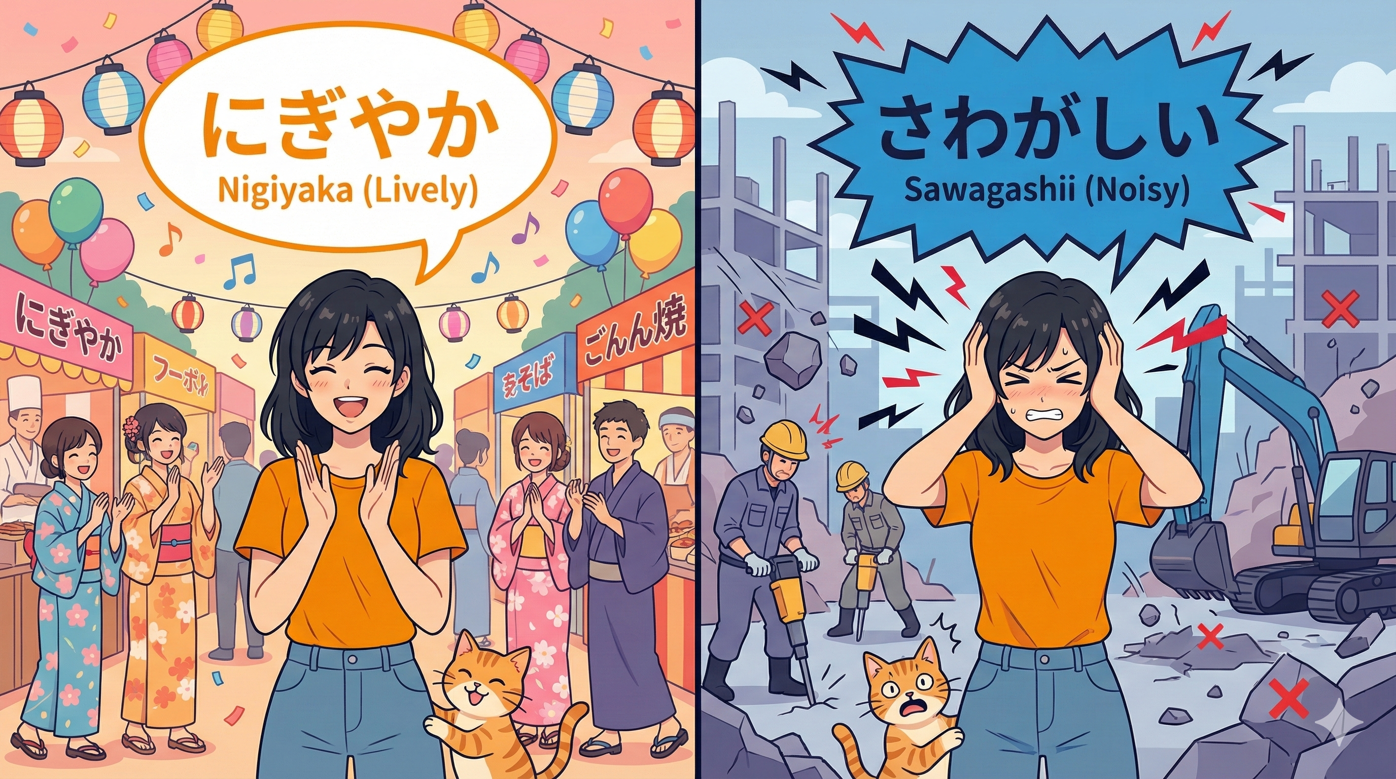 (Alt Text: Joy enjoying a party [Nigiyaka] vs. Joy annoyed by noise [Sawagashii])