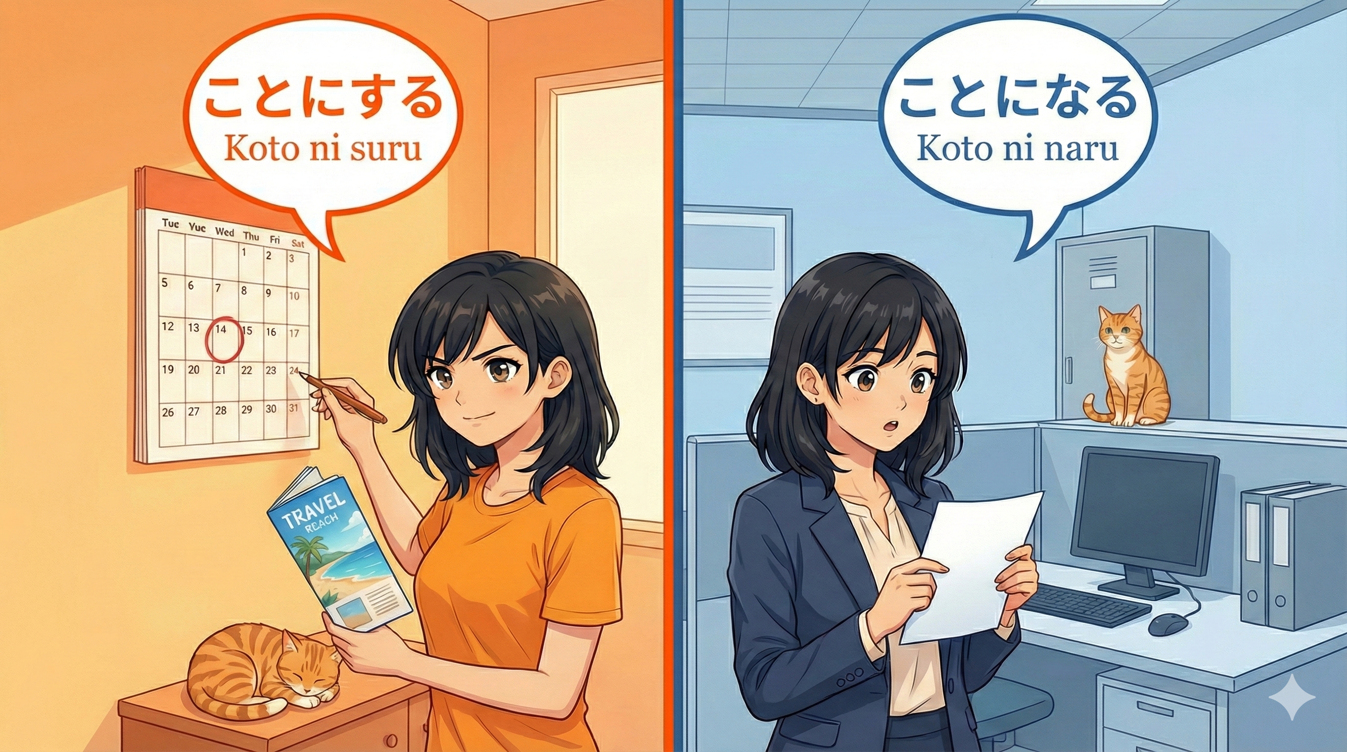 Joy making a decision [Suru] vs. Joy receiving a notice [Naru]
