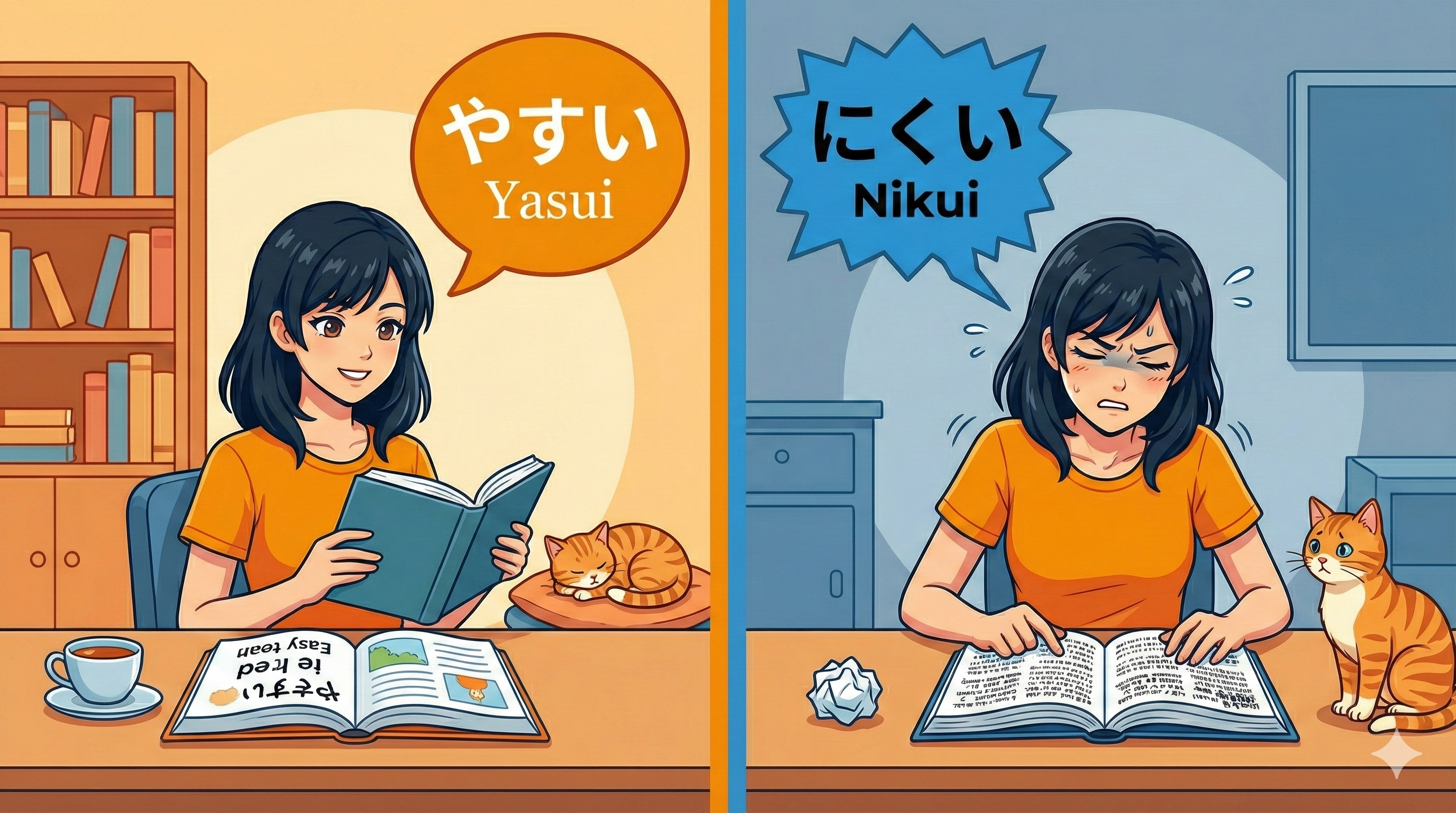 Joy reading easily [Yasui] vs. Joy struggling to read [Nikui]Joy reading easily [Yasui] vs. Joy struggling to read [Nikui]