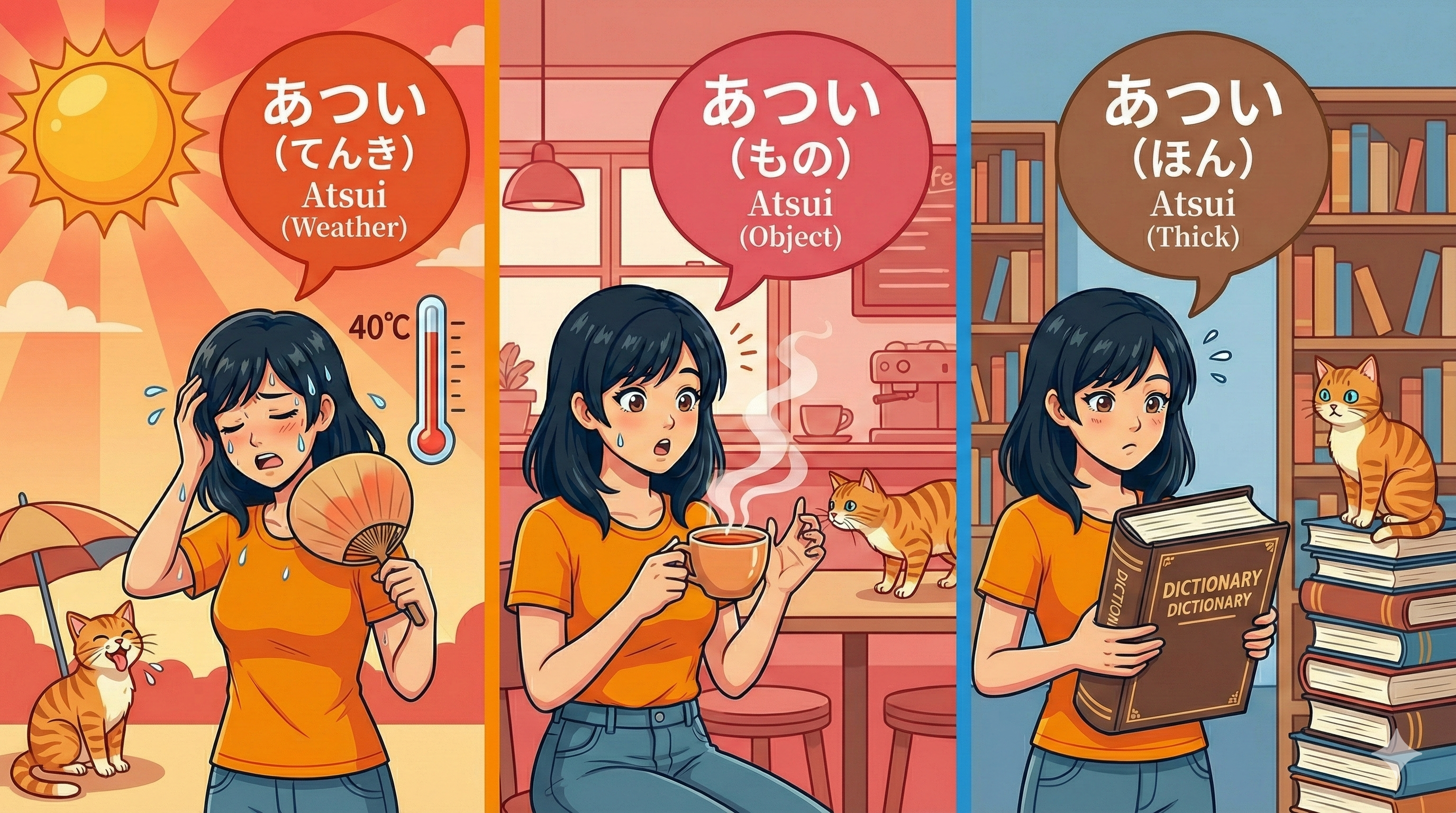 Joy sweating [暑い], Joy holding hot coffee [熱い], Joy holding a thick book [厚い]