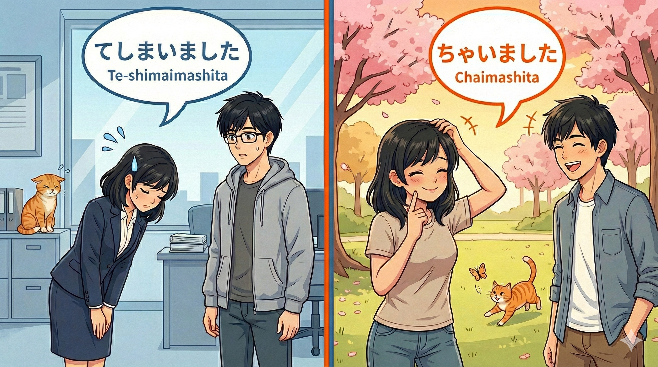 Joy apologizing formally [Te-shimaimashita] vs. Joy saying oops casually [Chaimashita]