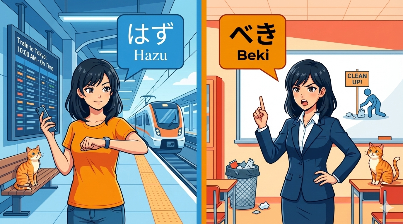 Joy expecting a train [Hazu] vs. Joy teaching a rule [Beki]