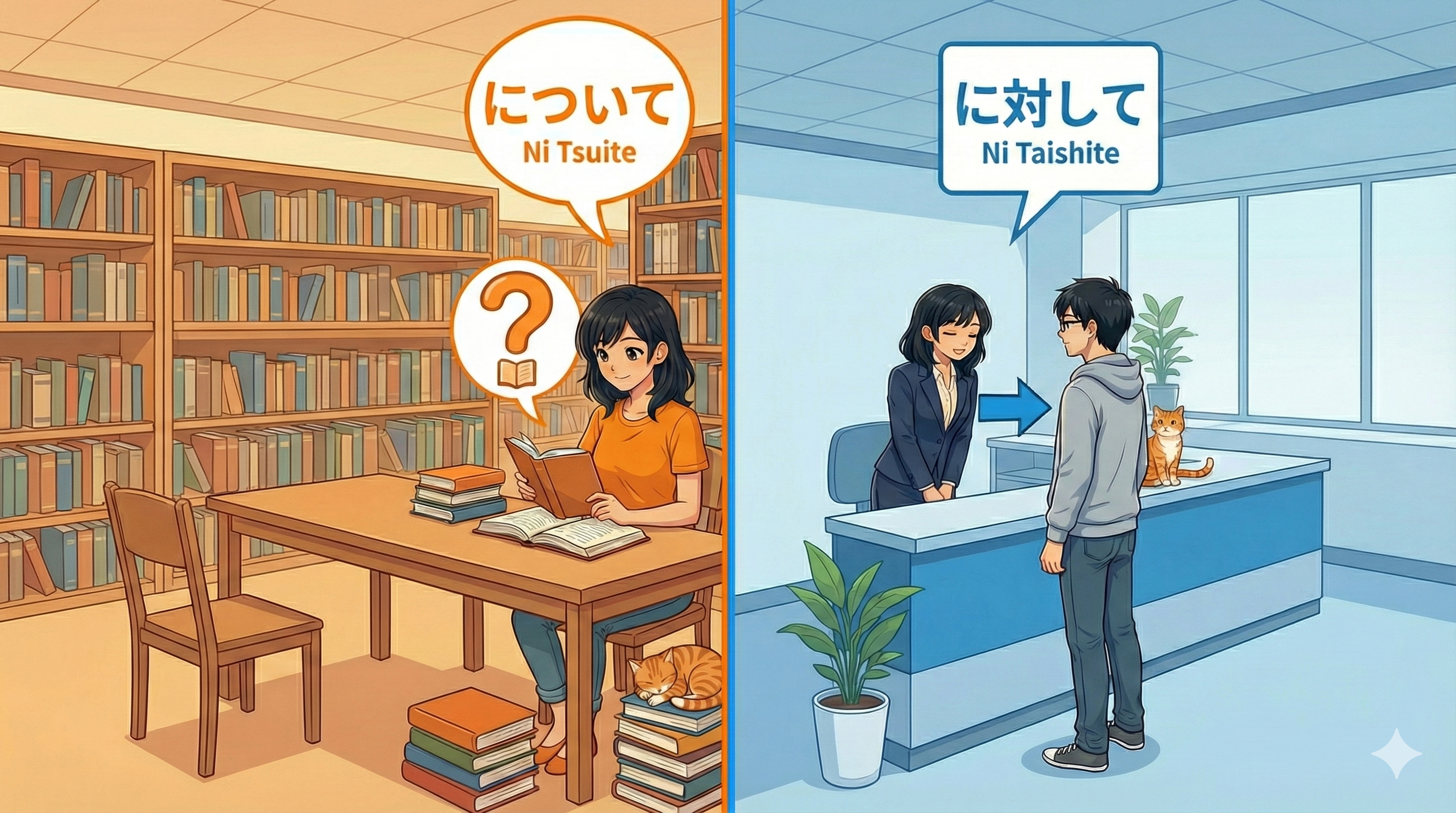 Joy studying a topic [Ni tsuite] vs. Joy acting towards a person [Ni taishite])