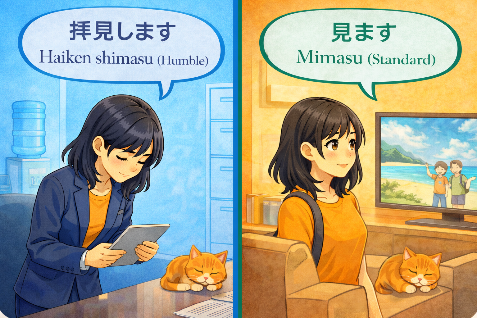 (Alt Text: Joy checking a document politely [Haiken] vs. Joy watching TV [Mimasu])