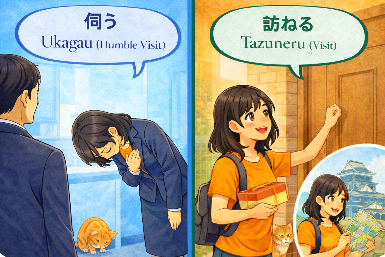 (Alt Text: Joy visiting a client [Ukagau] vs. Joy visiting a friend [Tazuneru])