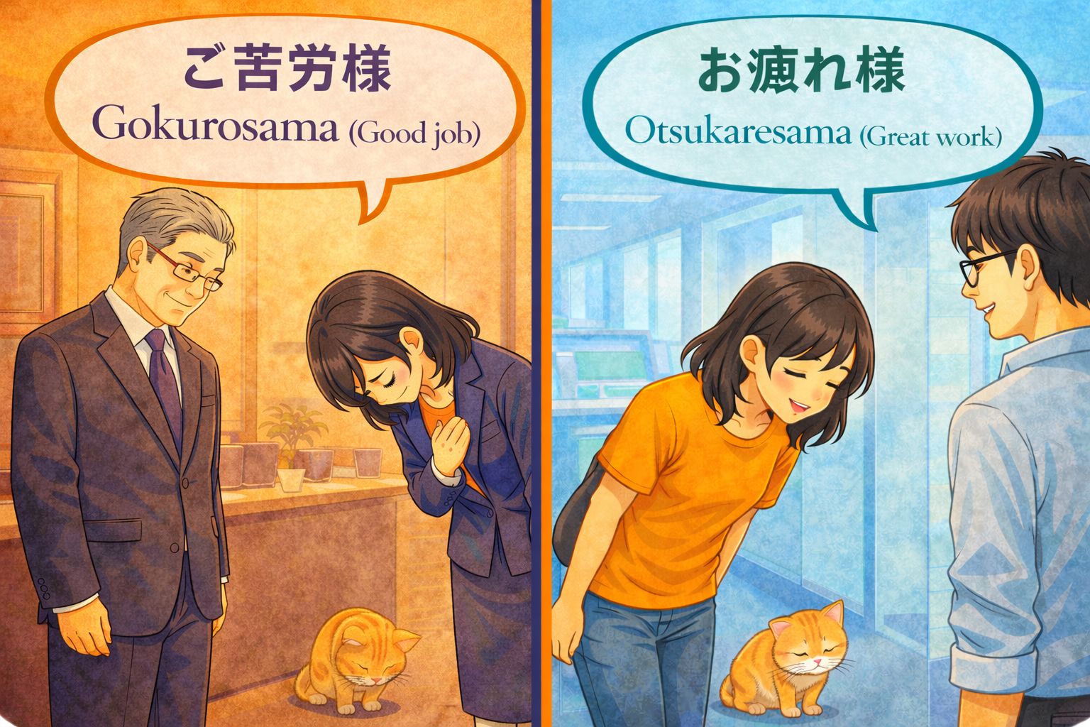 (Alt Text: Boss saying Gokurosama [Authority] vs. Joy saying Otsukaresama [Polite])