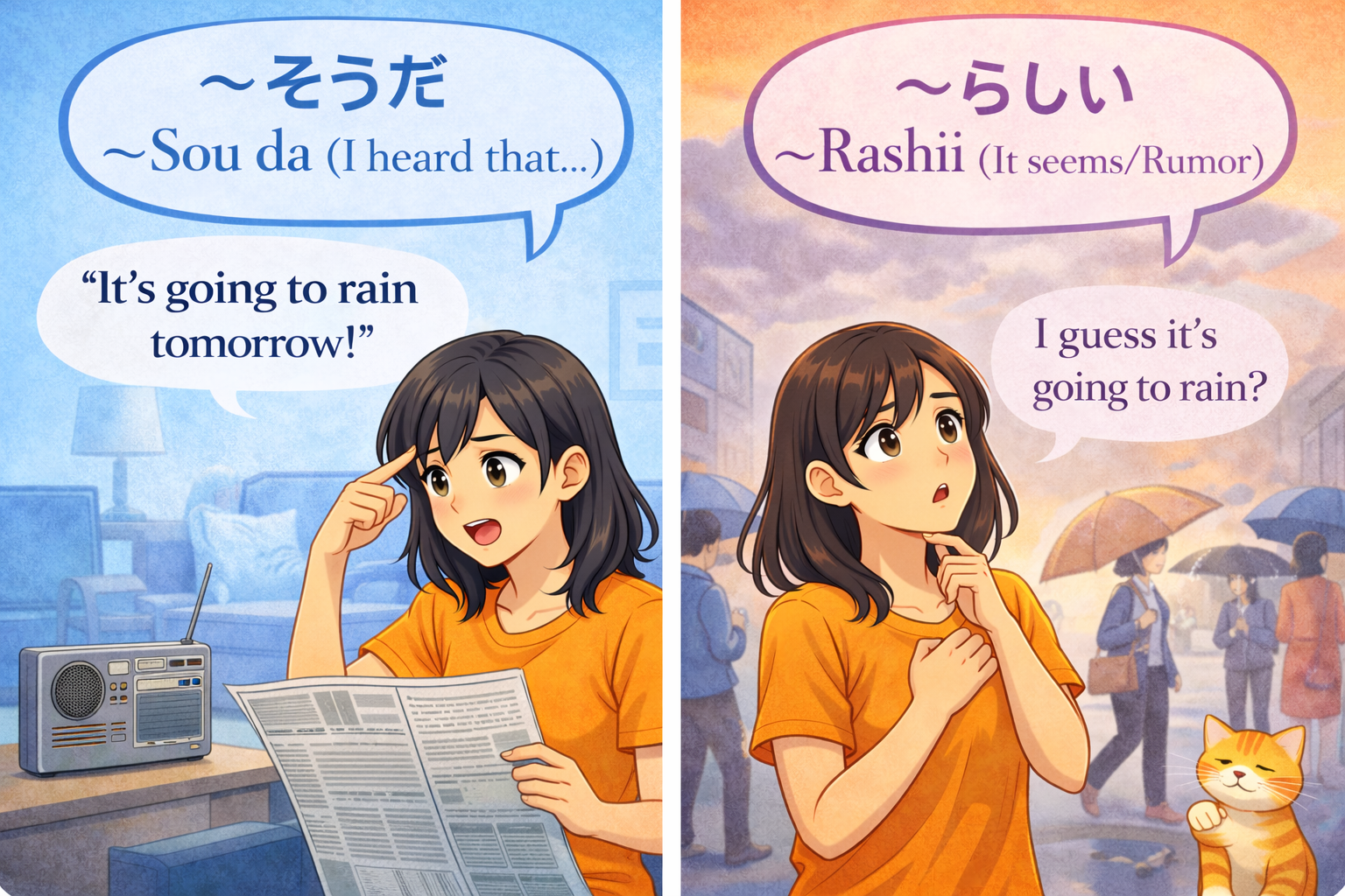 (Alt Text: Joy quoting news [Sou da] vs. Joy guessing from a scene [Rashii])