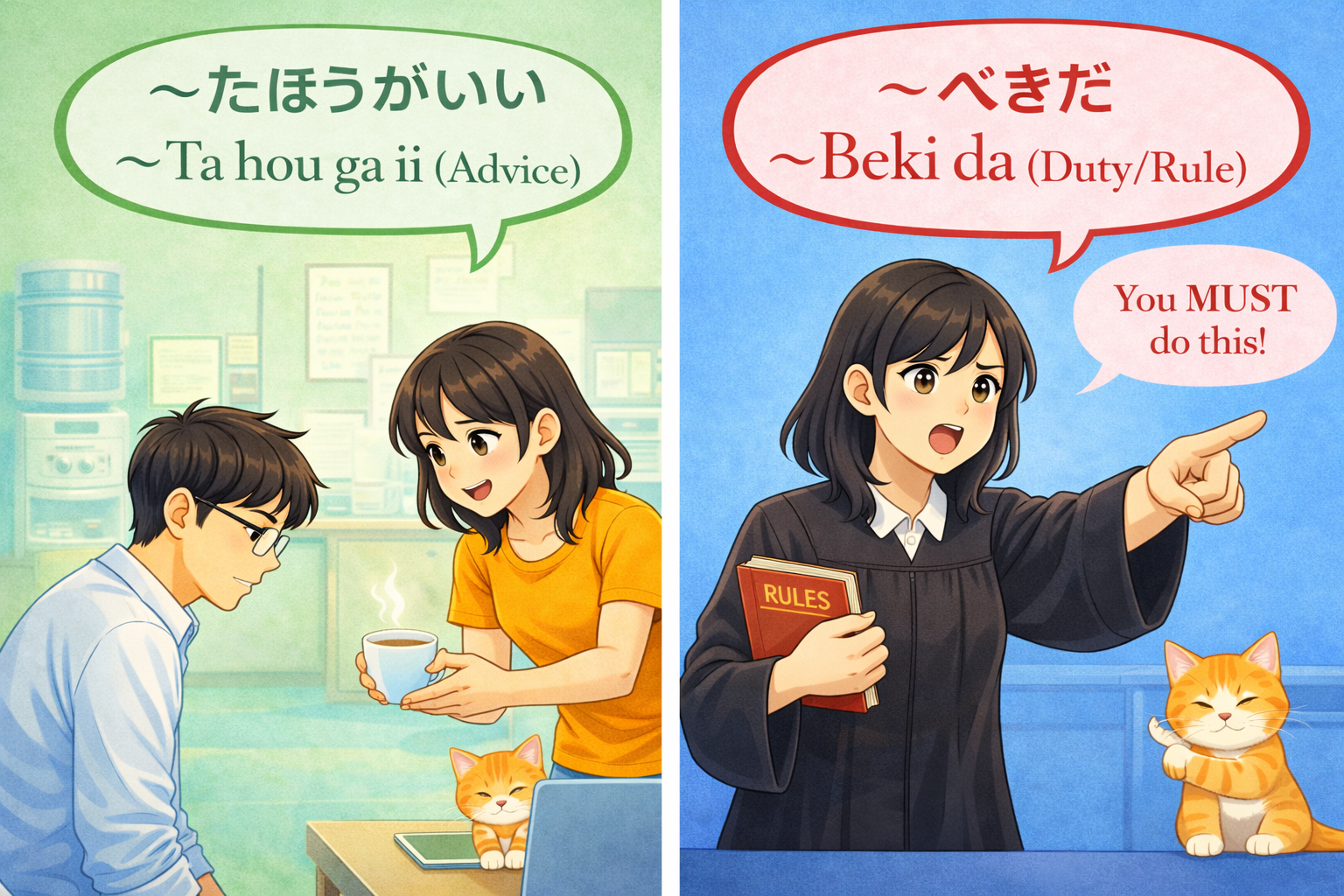 (Alt Text: 優しくアドバイスするJoy [たほうがいい] vs. 厳しくルールを言うJoy [べきだ])