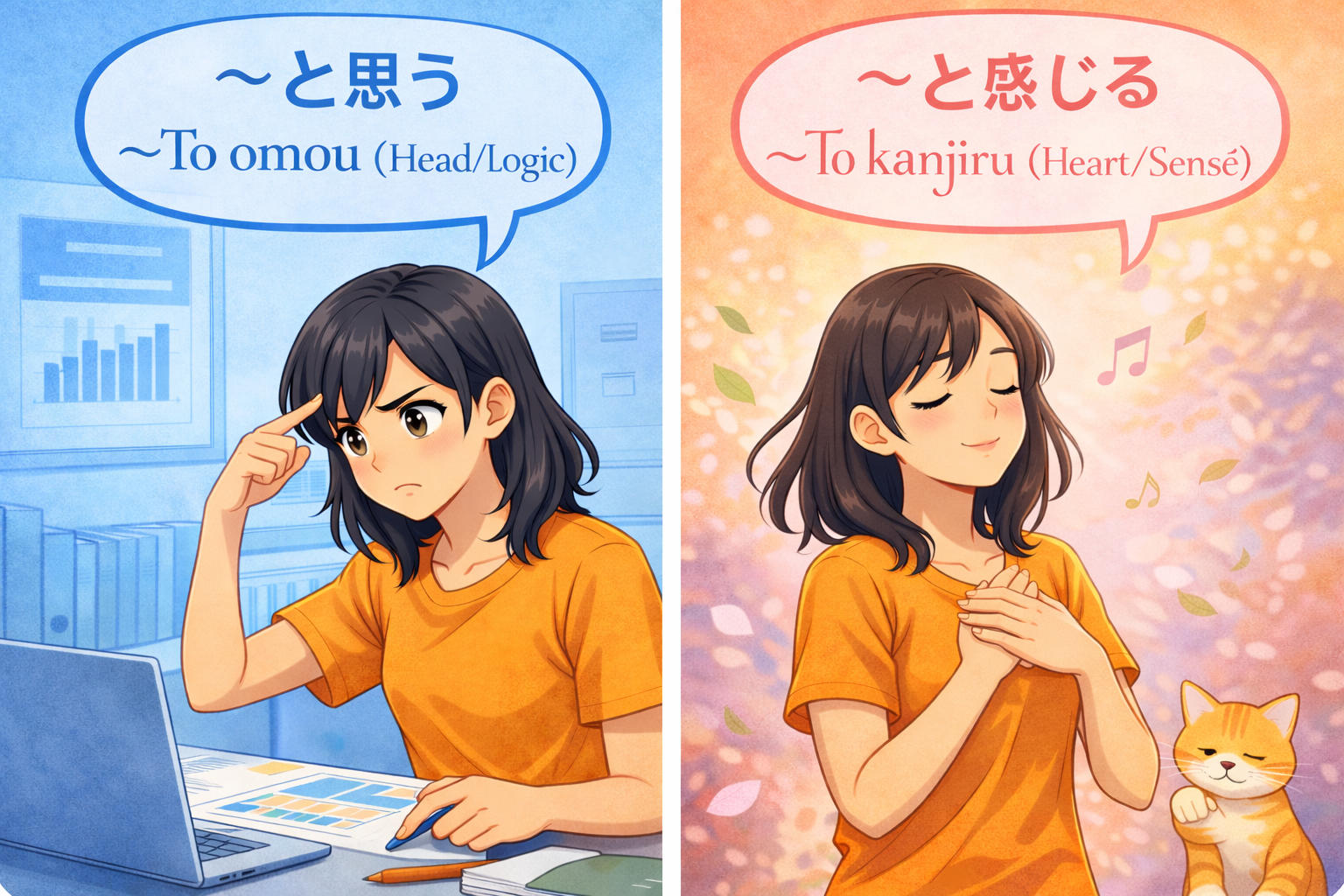 (Alt Text: Joy thinking with logic [Omou] vs. Joy feeling with senses [Kanjiru])