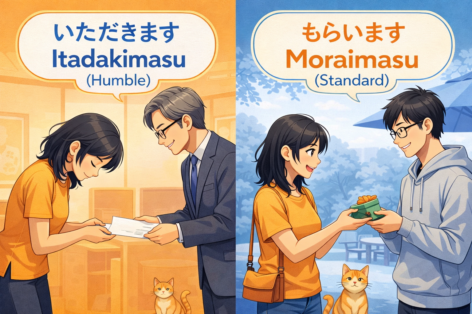 (Alt Text: 社長にお辞儀するJoy [いただきます] vs. 友達からプレゼントをもらうJoy [もらいます])