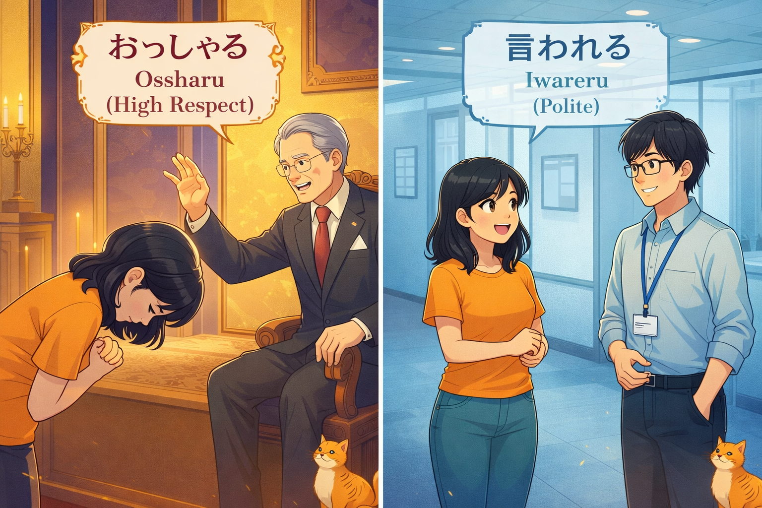 (Alt Text: 社長の話を聞くJoy [おっしゃる] vs. 先輩の話を聞くJoy [言われる])