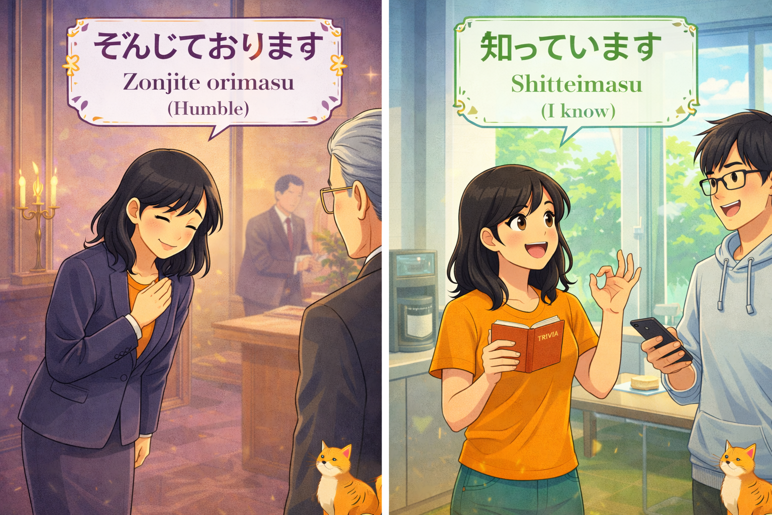 (Alt Text: 謙譲語を使うJoy [存じております] vs 標準語を使うJoy [知っています])