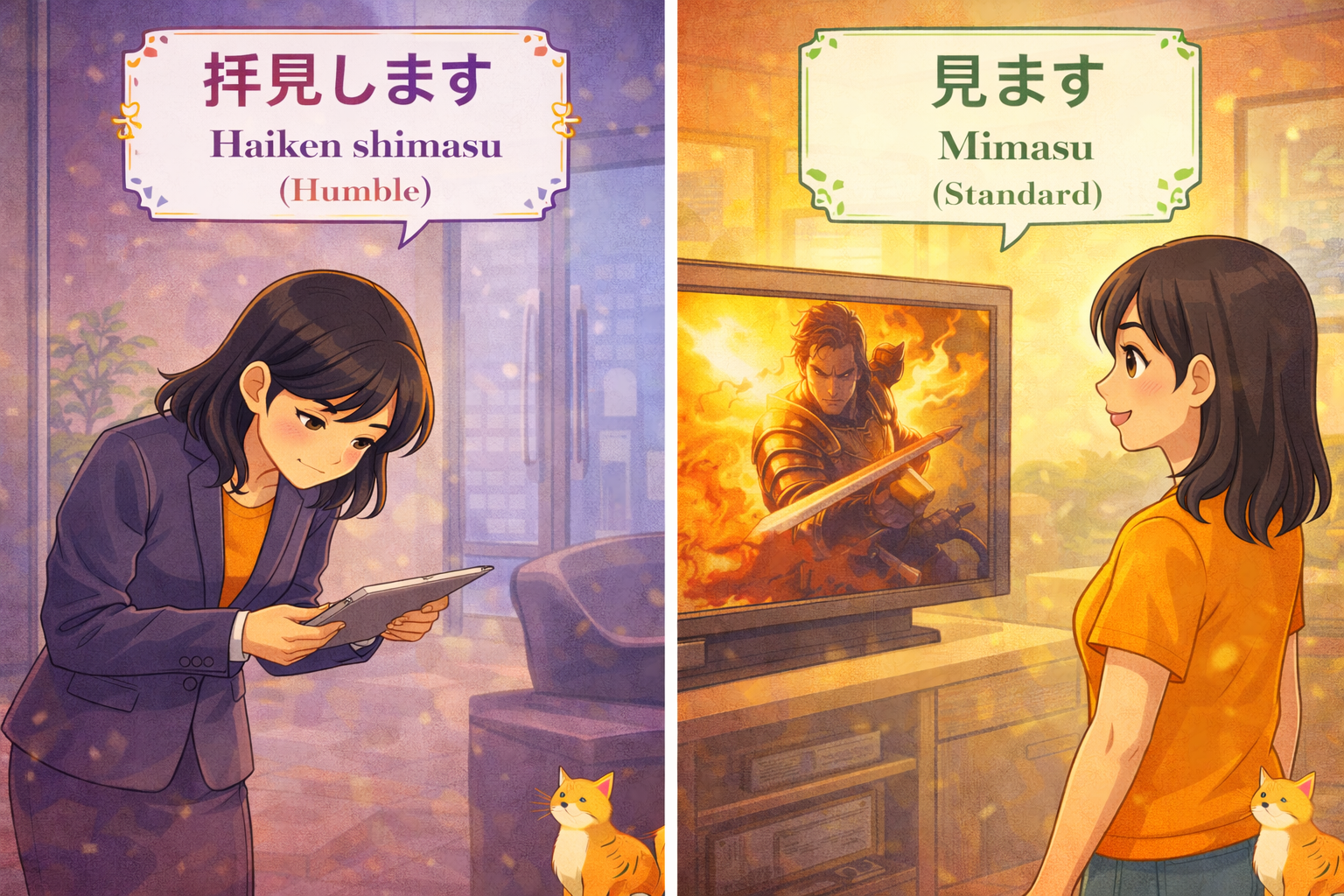 (Alt Text: Joy checking a document politely [Haiken] vs. Joy watching TV [Mimasu])
