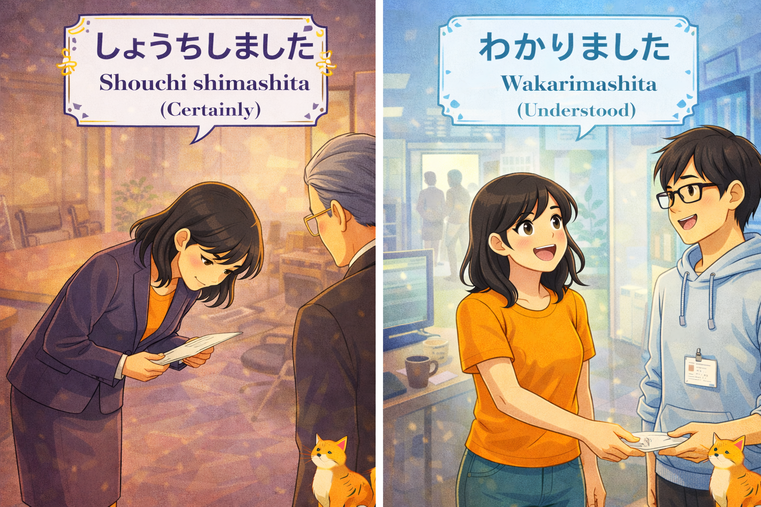 (Alt Text: Joy bowing to boss [Shouchi shimashita] vs. Joy nodding to coworker [Wakarimashita])