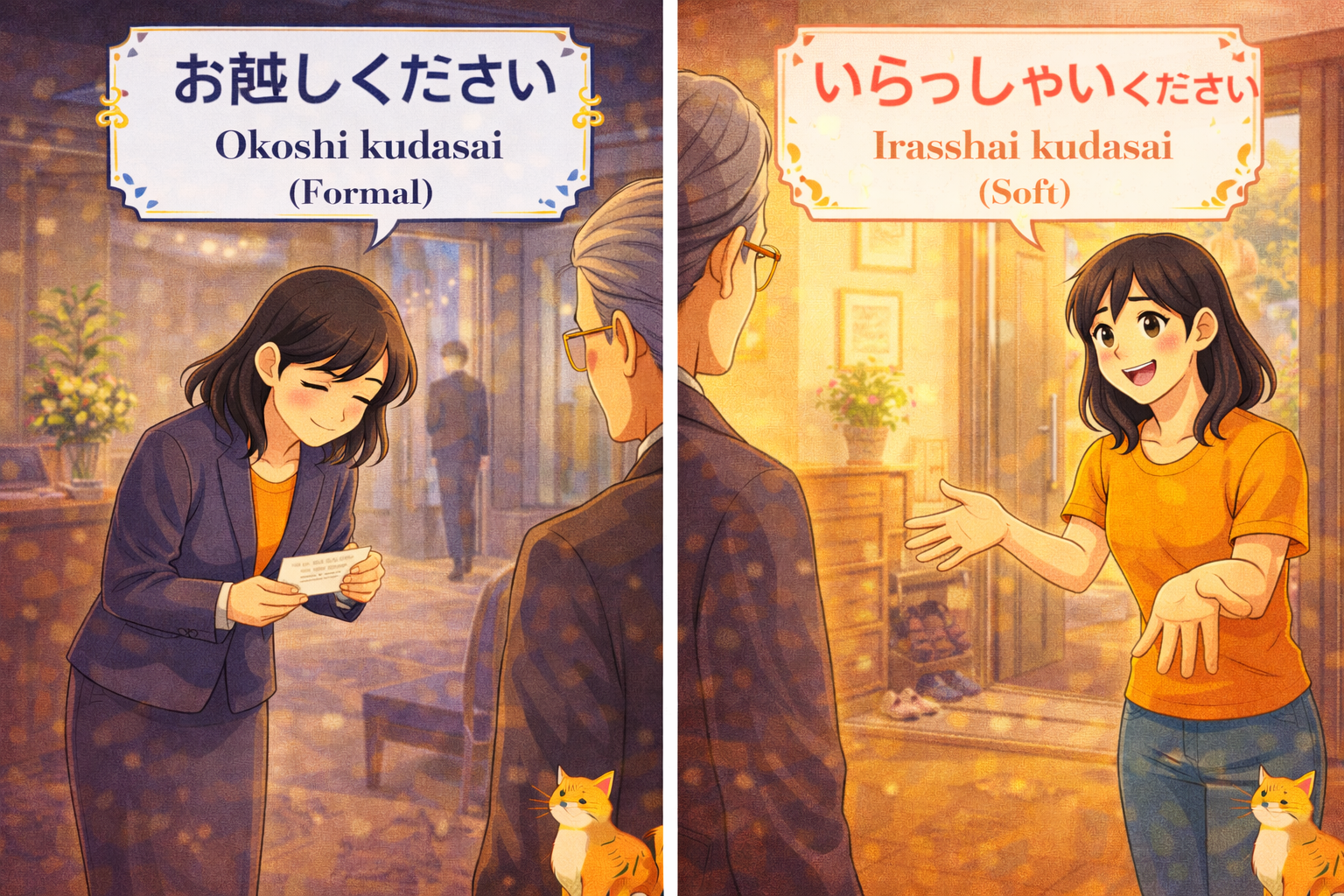 (Alt Text: お辞儀をするJoy [お越しください] vs. 笑顔で迎えるJoy [いらしてください])
