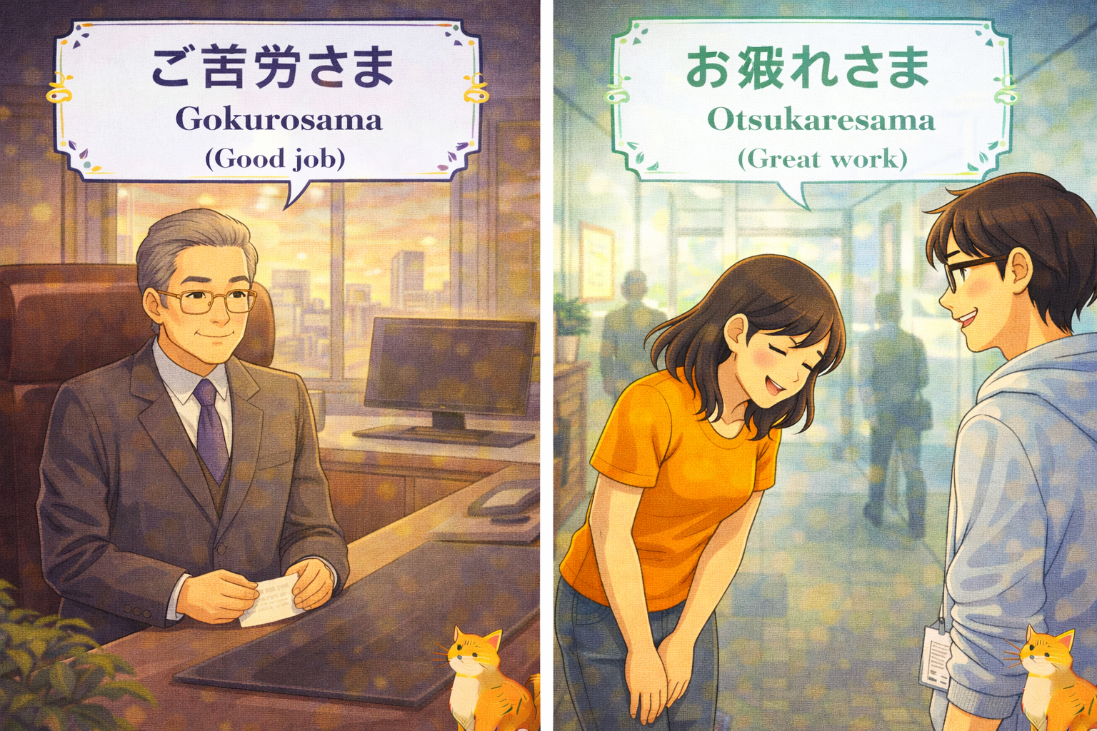 (Alt Text: 偉そうな上司 [ご苦労さま] vs. 丁寧なJoy [お疲れさま])