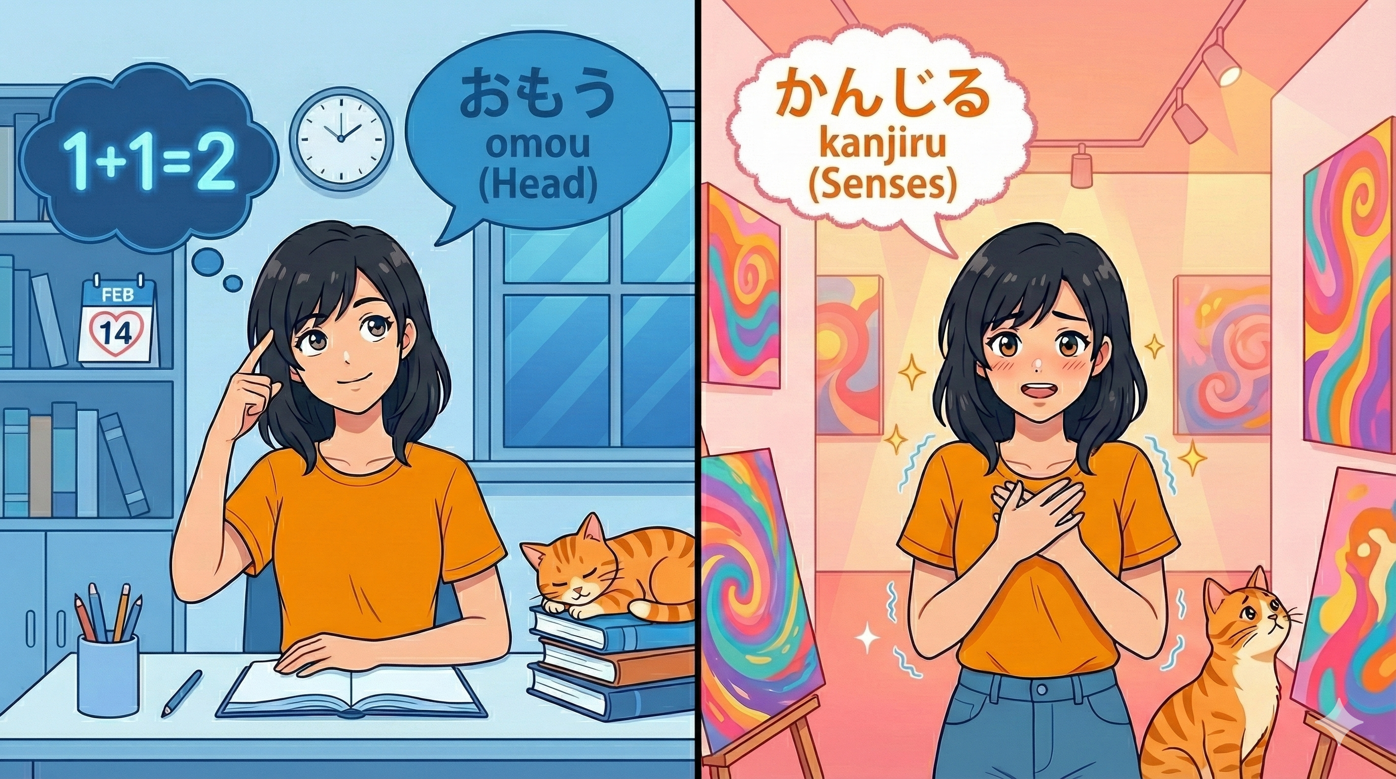 (Alt Text: Joy thinking with logic [Omou] vs. Joy feeling an emotion [Kanjiru])