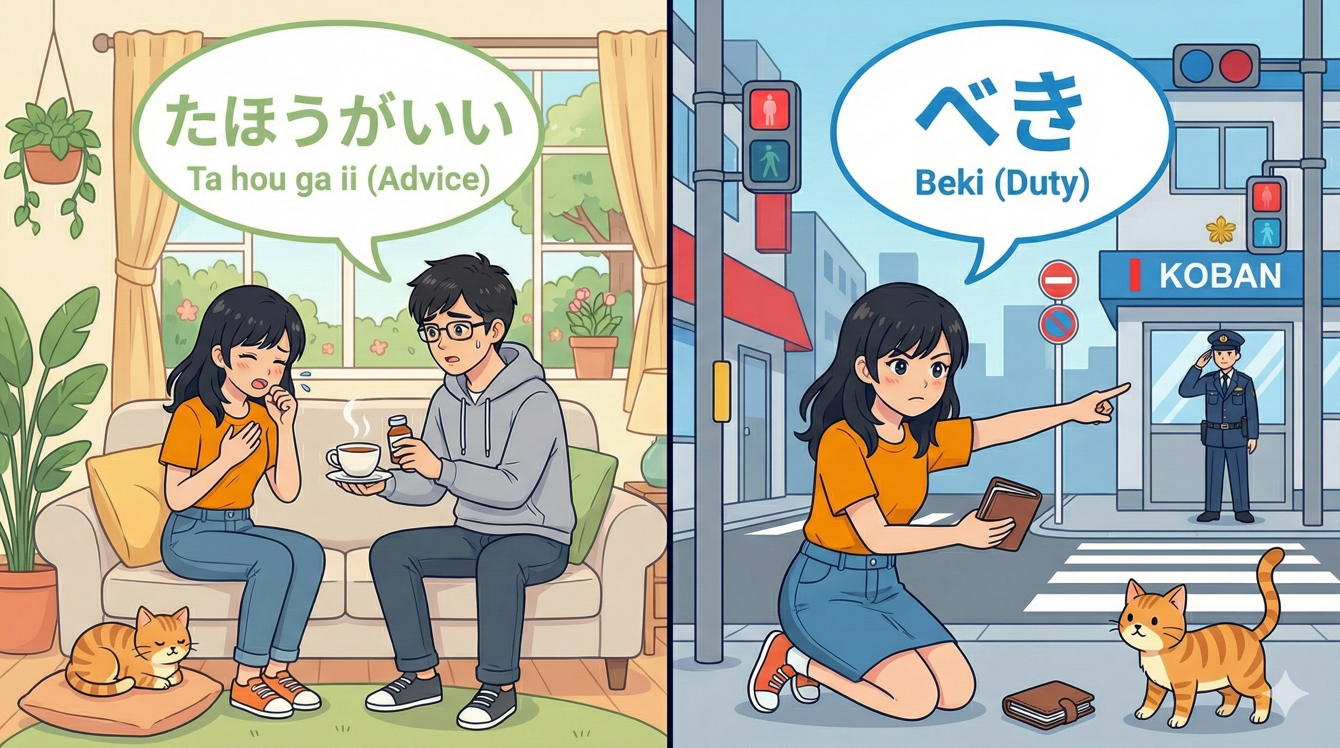 (Alt Text: Joy getting advice [Ta hou ga ii] vs. Joy following rules [Beki])