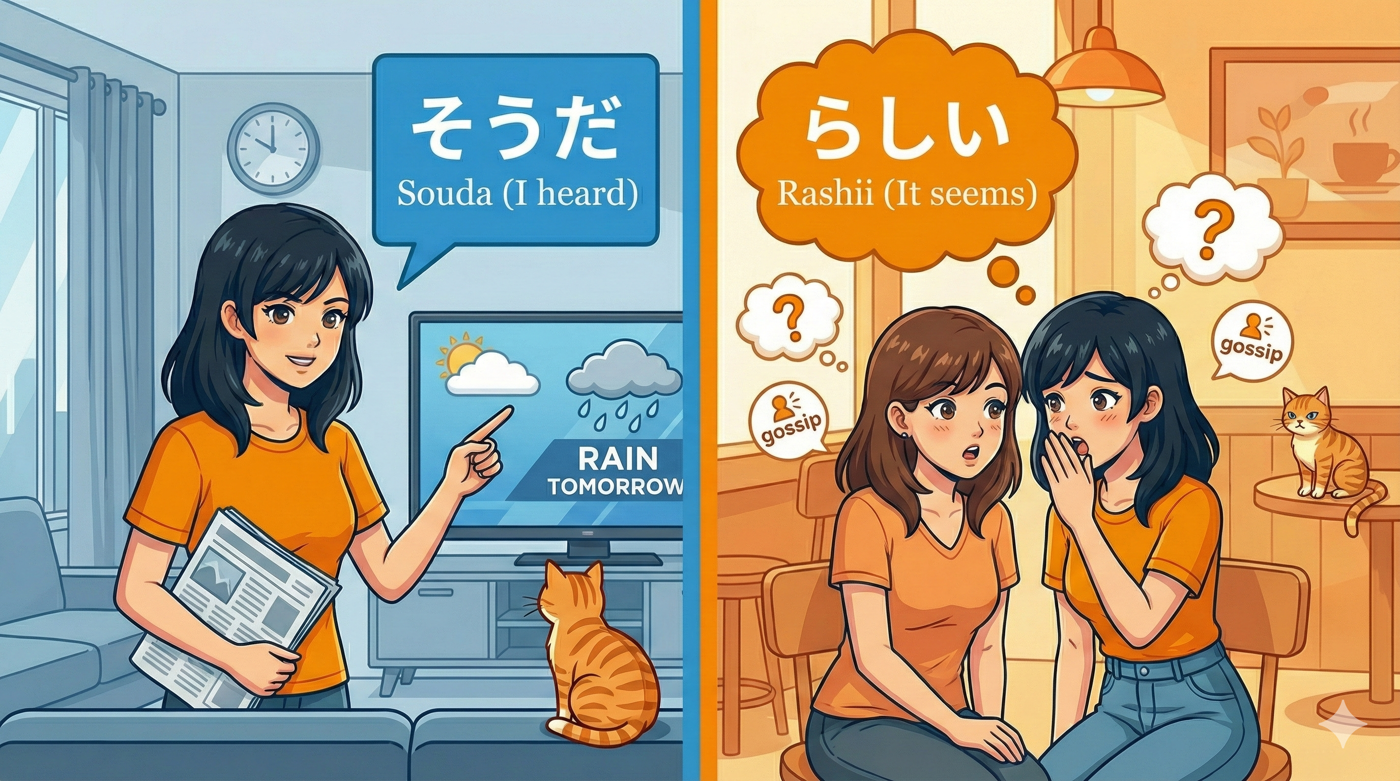 (Alt Text: Joy sharing a fact [Souda] vs. Joy sharing a rumor [Rashii])