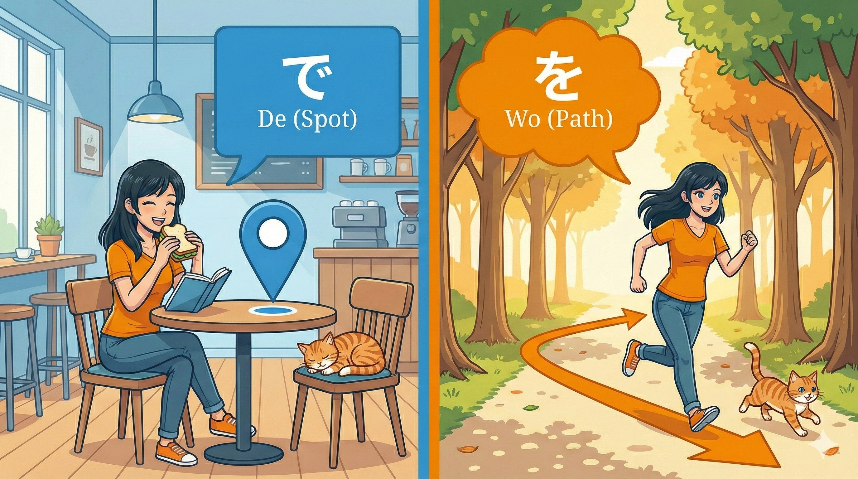 The Difference Between「を」 (o) vs 「で」 (de)