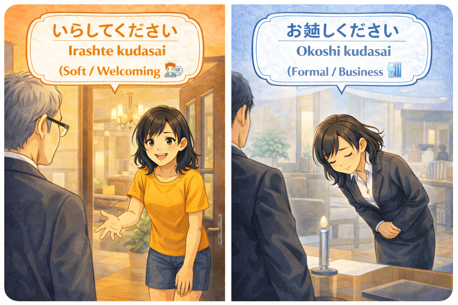 (Alt Text: 家にゲストを招くJoy [いらしてください] vs. イベントで顧客に挨拶するJoy [お越しください])