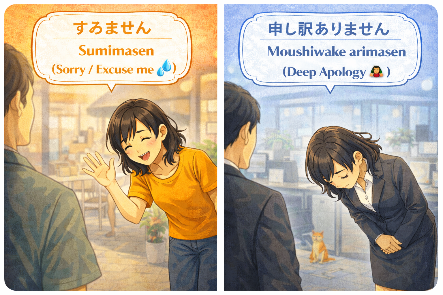 (Alt Text: Joy lightly bowing on the street [Sumimasen] vs. Joy bowing deeply in a suit [Moushiwake arimasen])