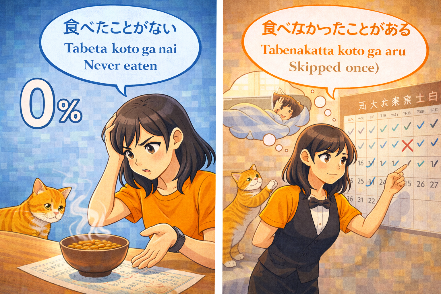 The Difference Between “食べたことがない” (Tabeta koto ga nai) and “食べなかったことがある” (Tabenakatta koto ga aru)