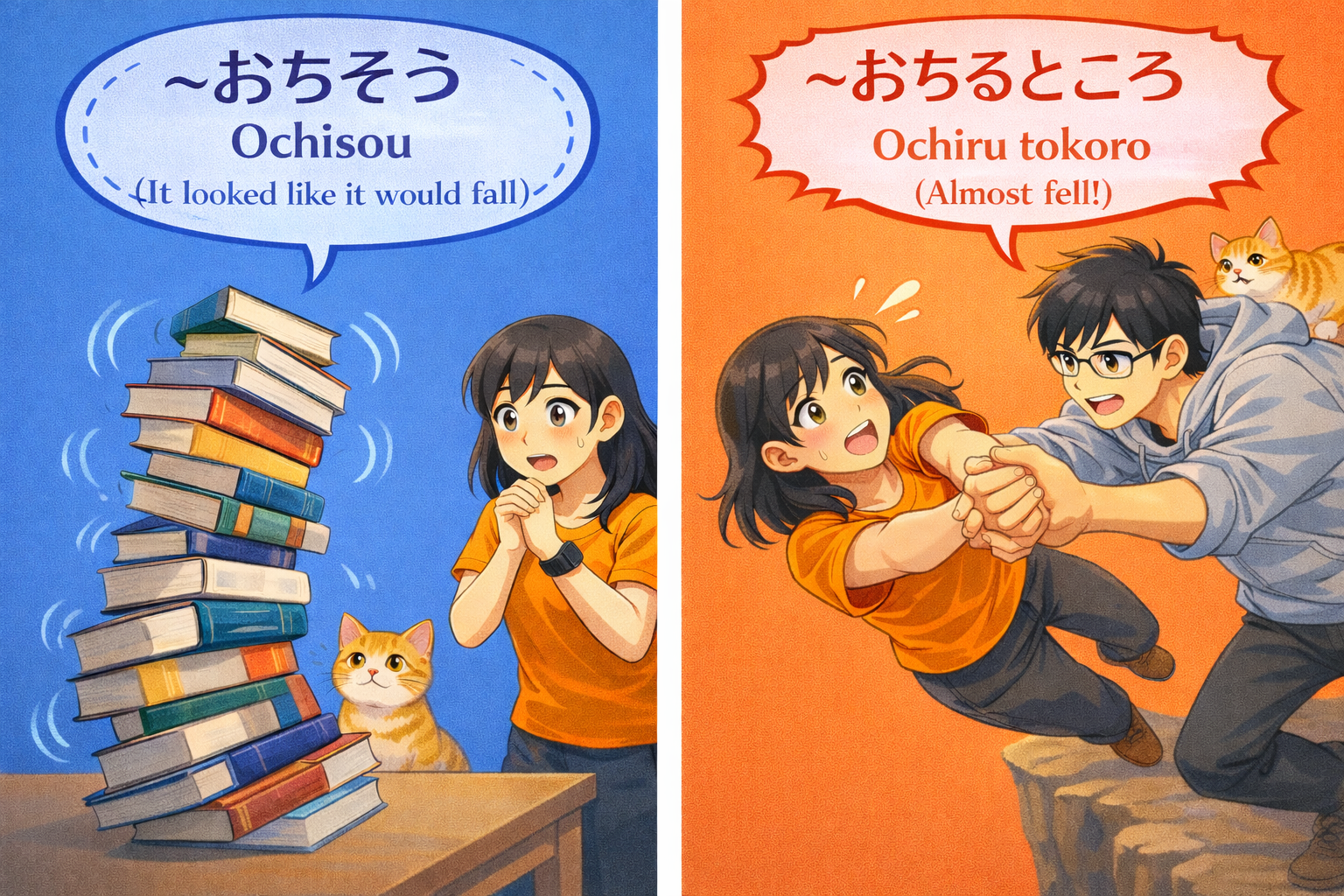 落ちそうだった (ochisou datta) and 落ちるところだった (ochiru tokoro datta)