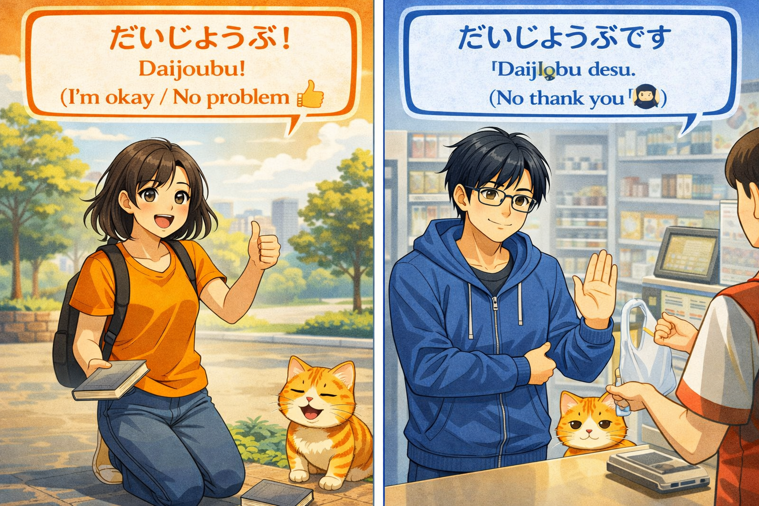 (Alt Text: Joy giving a thumbs up saying she is OK [Reassurance] vs. Ken politely refusing a plastic bag [No thank you])