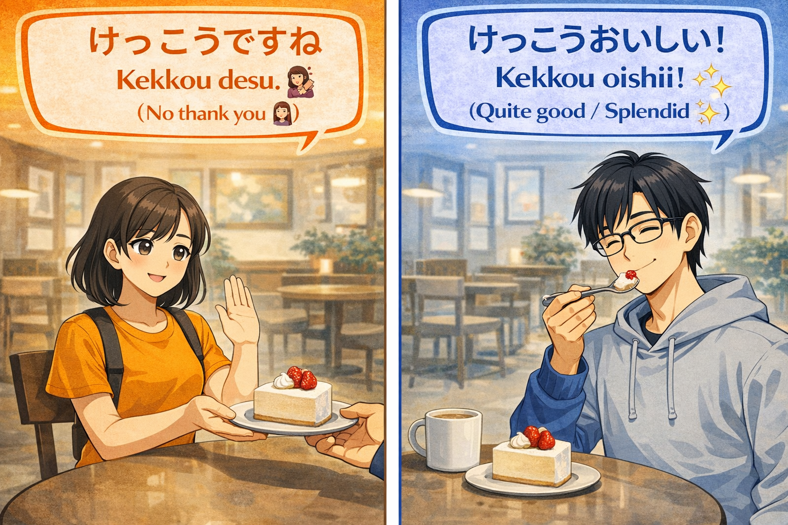(Alt Text: Joy politely refusing a second cake [No thank you] vs. Ken enjoying a delicious cake [Quite good])