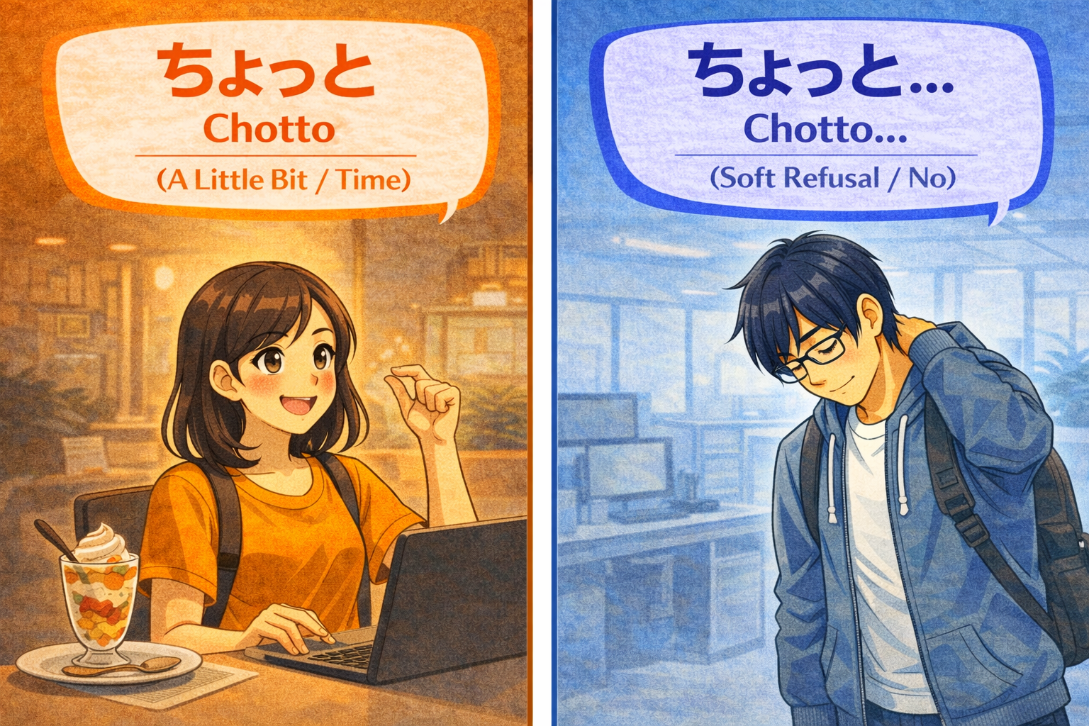 (Alt Text: 指で「少しだけ」のジェスチャーをするJoy [数量] vs. 申し訳なさそうに視線を外して言葉を濁すKen [断り])