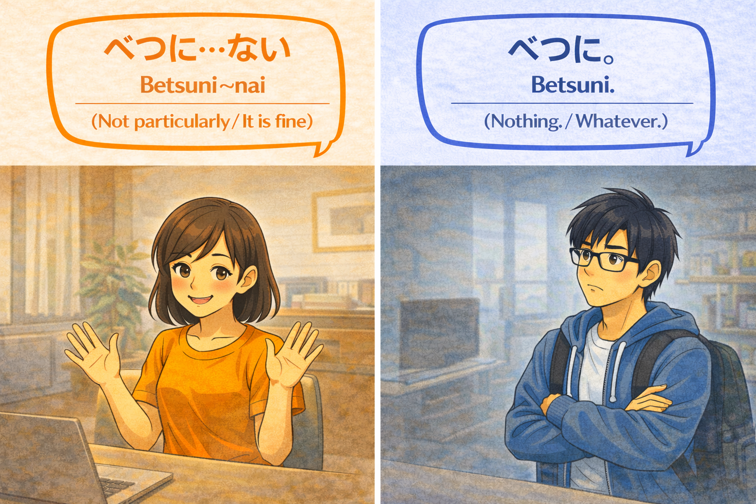 (Alt Text: Joy waving her hands politely to say 'Not particularly' [Safe] vs. Ken crossing his arms and looking annoyed saying 'Nothing' [Cold])