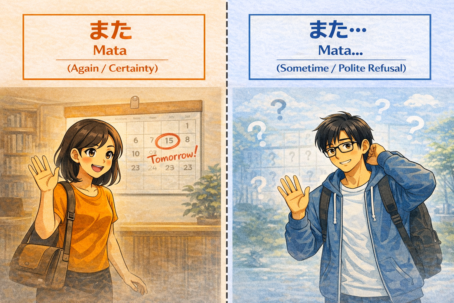 (Alt Text: Joy waving with a circled calendar date [Certainty] vs. Ken waving awkwardly with a blurry calendar [Ambiguity])