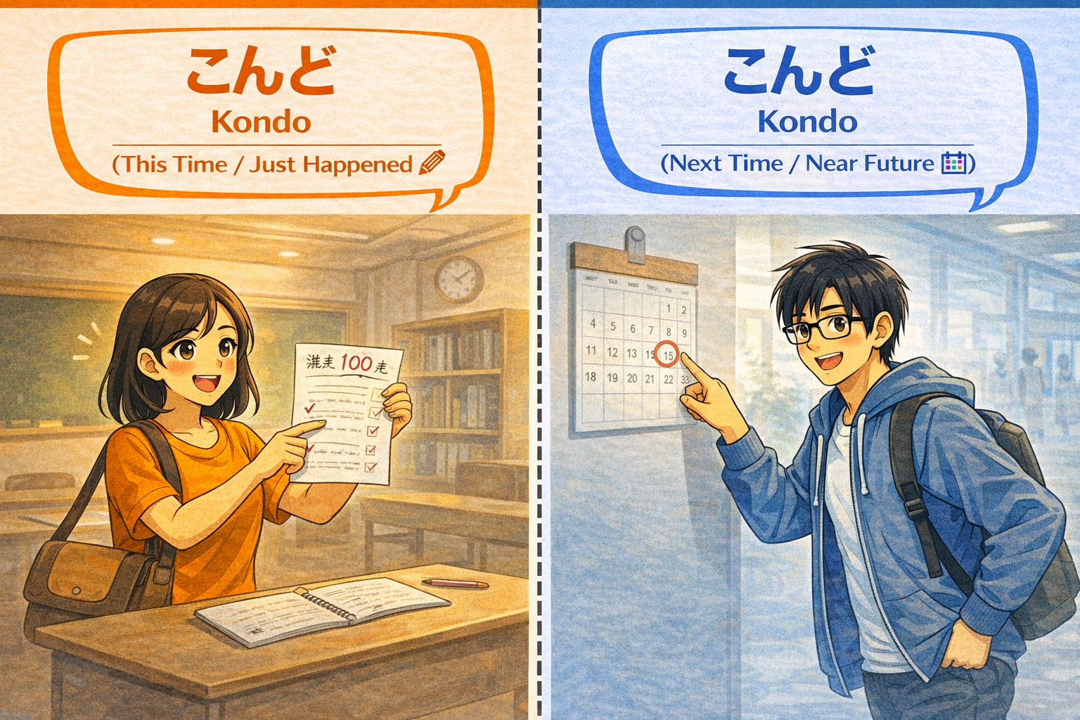 (Alt Text: Joy holding a recently finished test [This Time] vs. Ken pointing to a future calendar date [Next Time])