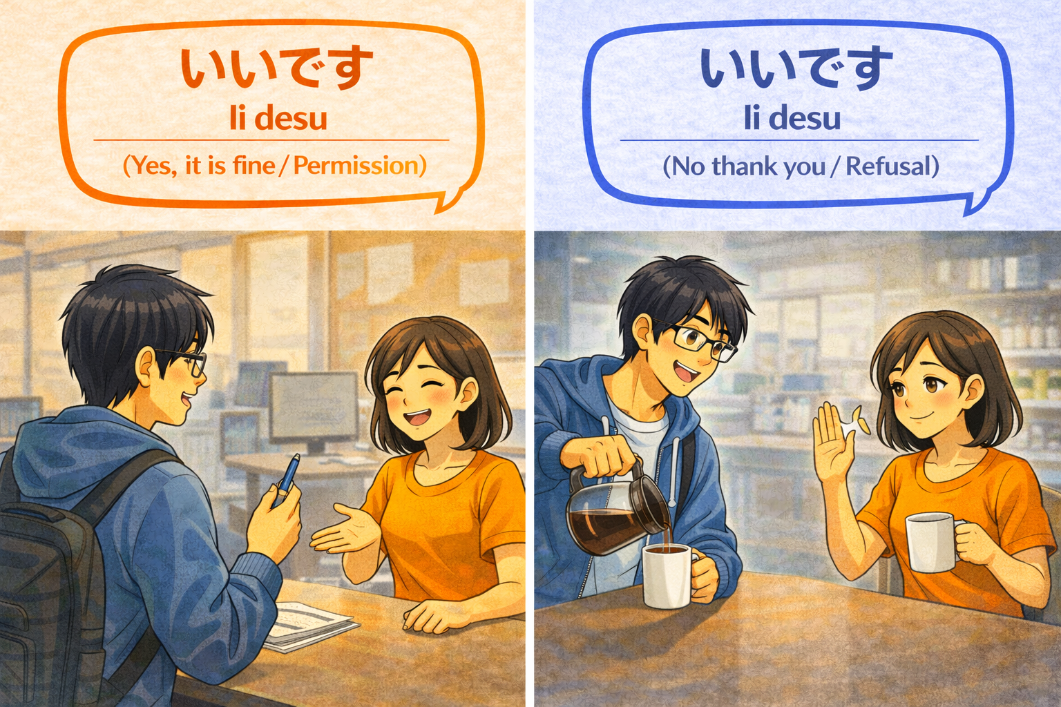 (Alt Text: Joy smiling and giving permission to use a pen [YES] vs. Joy waving her hand to decline more coffee [NO])