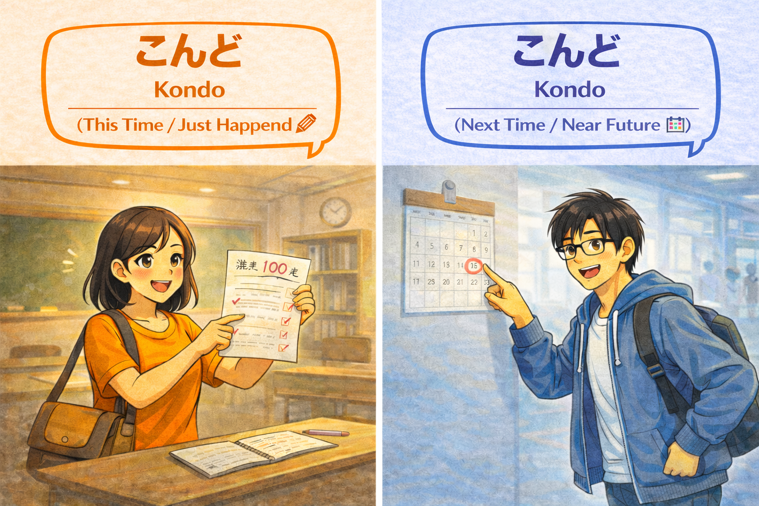 (Alt Text: 終わったばかりのテスト用紙を持ってホッとするJoy [今回] vs. カレンダーの未来の日付を指差して笑うKen [次回])