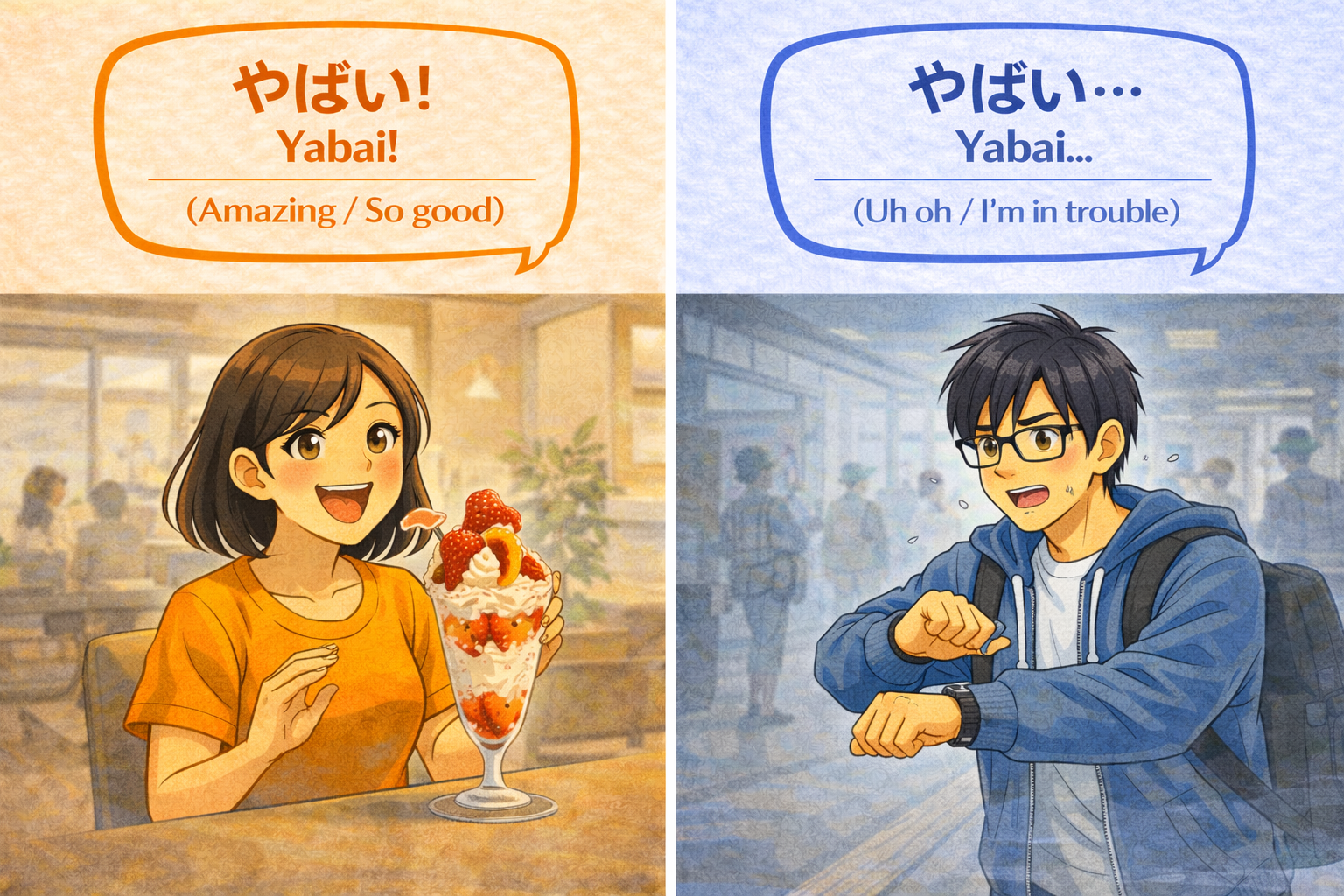 (Alt Text: Joy eating a delicious parfait [Amazing] vs. Ken looking panicked because he is late [In trouble])